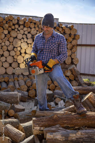 The worker works with a chainsaw. Chainsaw close up. Woodcutter saws tree with chainsaw on sawmill. Chainsaw in action cutting wood. Man cutting wood with saw, dust and movements.