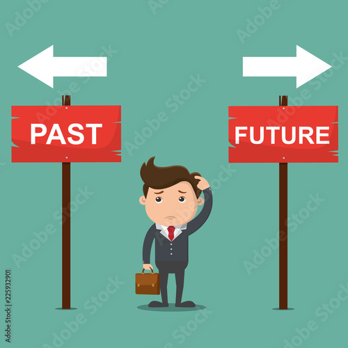 Business man is standing to choose between past and Future.Vector illustration.
