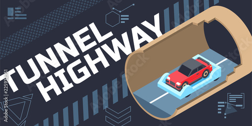 Tunnel highway illustration, isometric composition 3d vector illustration