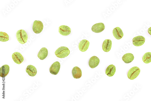green coffee beans isolated on white background with copy space for your text. Top view. Flat lay