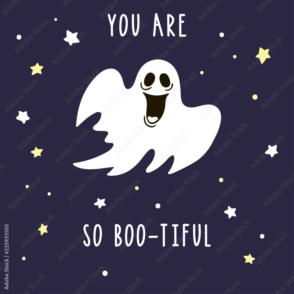 Funny cartoon ghost in the night sky and pun inscription You are very boo-tiful. Funny cartoon ghost in the night sky and pun inscription You are very boo-tiful.
