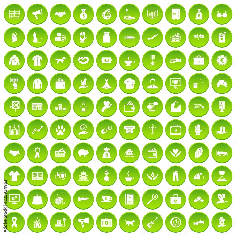100 charity icons set green circle isolated on white background vector illustration 100 charity icons set green circle isolated on white background vector illustration