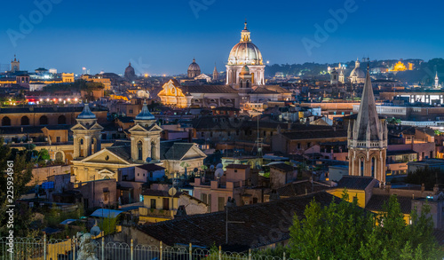 Panorama at sunset from the Pincio Terrace with the dome of the Basilica of Ambrogio e Carlo al Corso, in Rome, Italy.