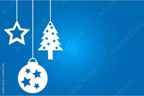Postal navideña de fondo azul con pino, estrella y bola de navidad blanca.
