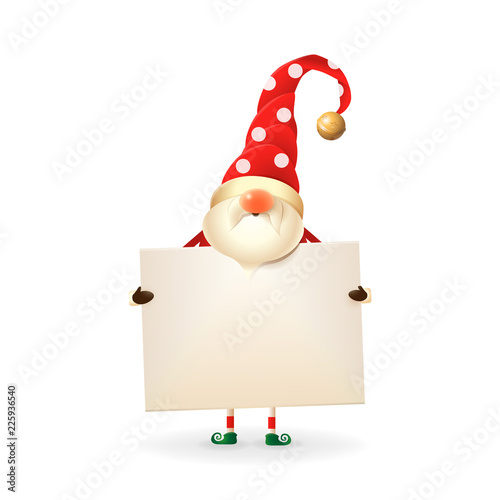 Christmas Gnome holds signboard - white dots on red hat