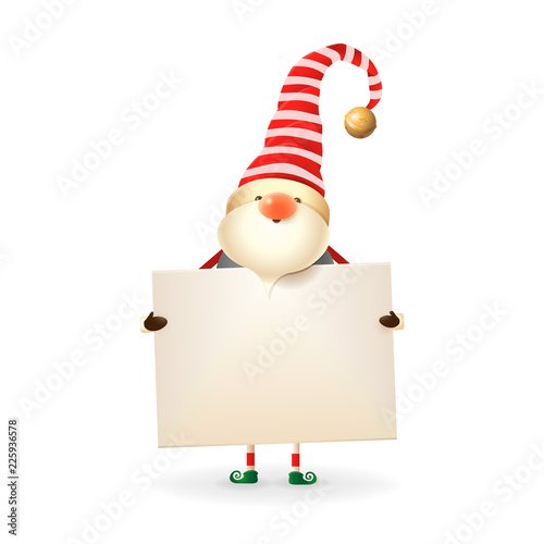 Christmas Gnome holds signboard - white stripes on red hat