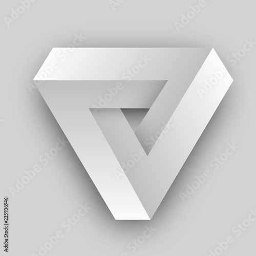 White penrose triangle. Geometric 3D object optical illusion. Vector illustration.