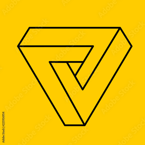 Outline yellow penrose triangle. Geometric 3D object optical illusion. Vector illustration.
