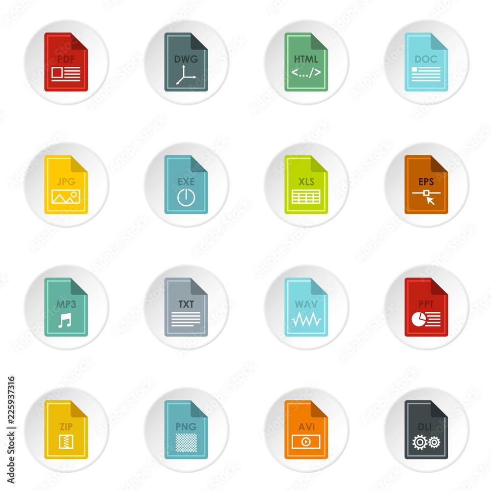 File format icons set in flat style. Document files set collection vector icons set illustration File format icons set in flat style. Document files set collection vector icons set illustration