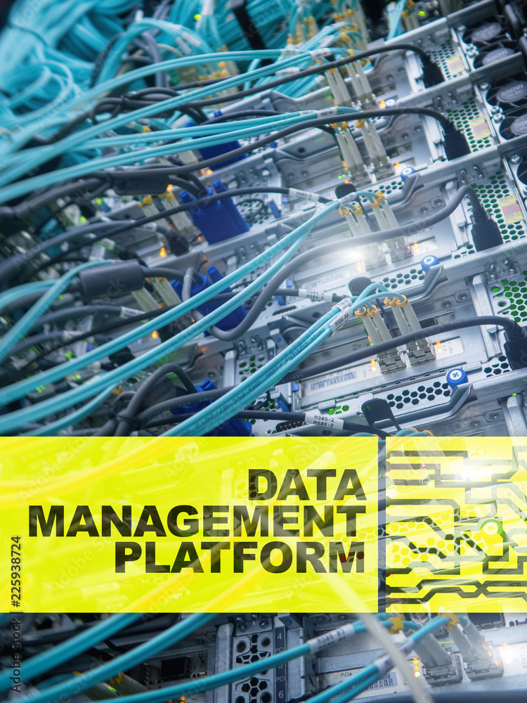 Data management and analysis platform concept on server room background. Data management and analysis platform concept on server room background.
