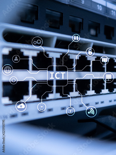 ICT - information and communications technology concept on server room background.