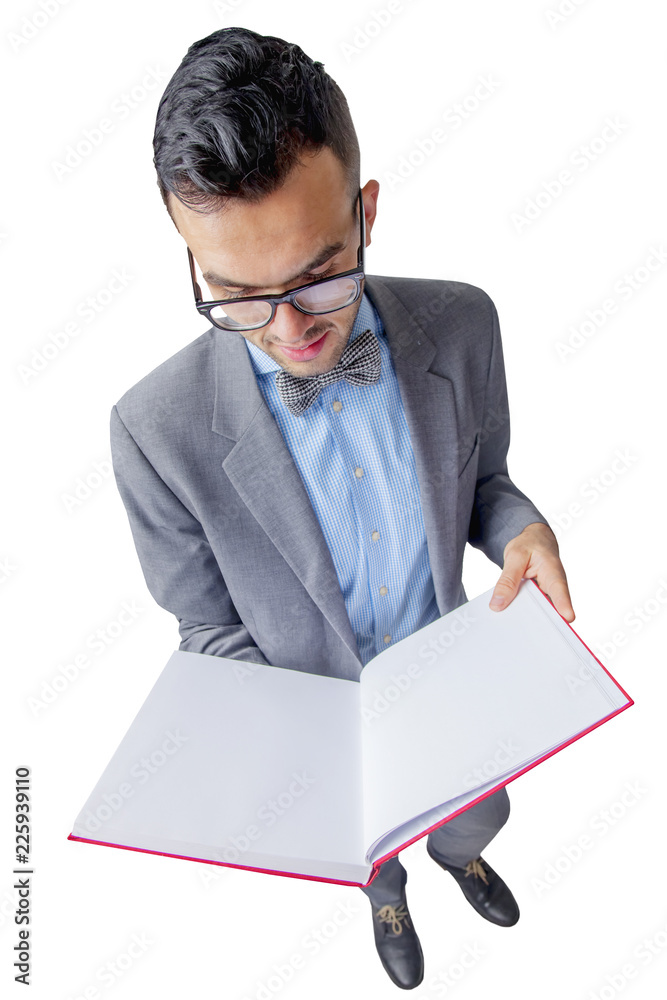 Full body portrait of businessman handing folder, isolated on white. Top view. Concept of leadership and success Full body portrait of businessman handing folder, isolated on white. Top view. Concept of leadership and success