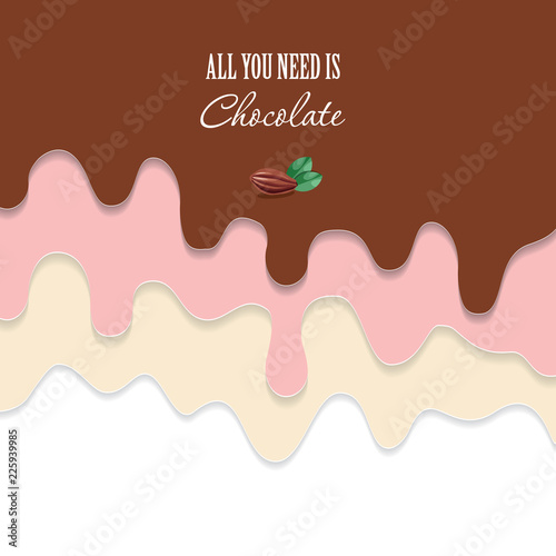 Melted flowing chocolate, strawberry, vanilla background. 3d paper cut out layers.
