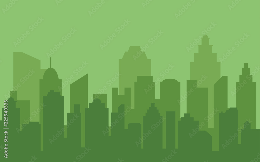 Green buildings silhouette. Urban landscape. Green color cityscape background in flat design.