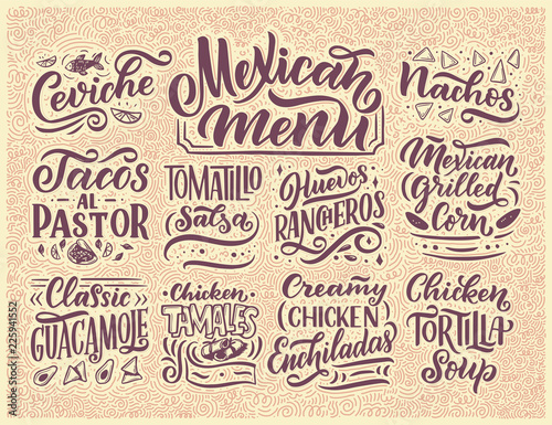 Mexican Menu lettering with traditional food names Guacamole, Enchilada, Tacos, Nachos and more. Vector vintage illustration. Background for restaurant, cafe, showcase, storefront design