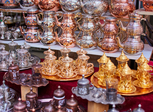 Turkish ceramic and copper jars on sale at the Grand Bazaar in Istanbul