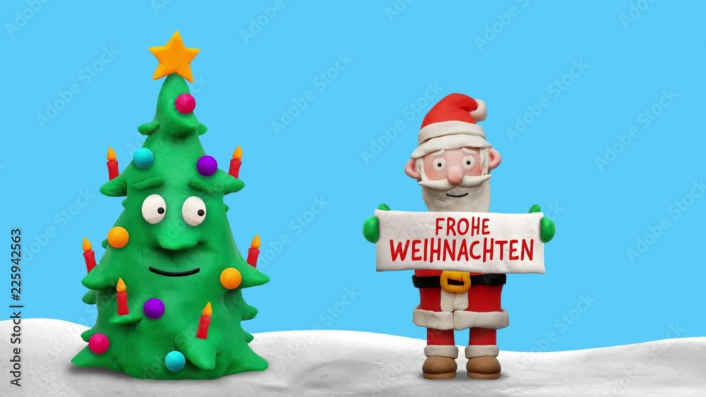 Weihnachtsmann mit sprechendem Weihnachtsbaum und Schild „Frohe Weihnachten“ – Animation