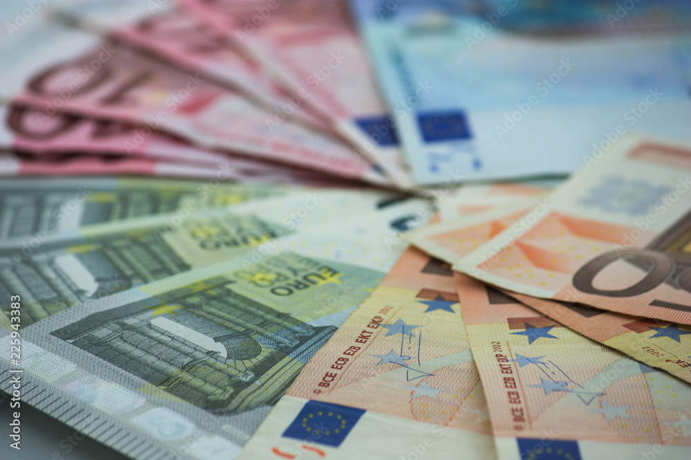 Euro banknotes, the currency of Europe sorted on a table Euro banknotes, the currency of Europe sorted on a table