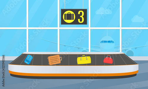 Airport conveyor belt for luggage. Baggage carousel. Airport terminal with suitcases and bags. Vector illustration.