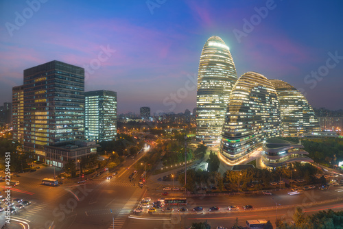 Beijing cityscape and famous landmark building in WangJing Soho area at night in Beijing, China.