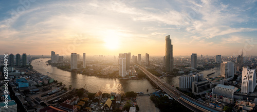 Landscape of Chao phraya river in Bangkok city in evening time with bird view. Bangkok City at night time, Hotel and resident area in the capital of Thailand.