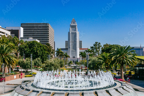 Fountain in Grand Park, and Los Angeles City Hall