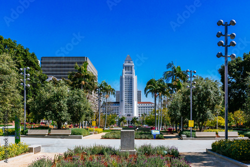 Los Angeles City Hall viewed from Grand Park in downtown Los Angeles, California, USA