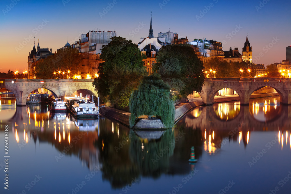 Ile de la Cite and Pont Neuf at sunrise in Paris, France, as seen from Pont des Arts