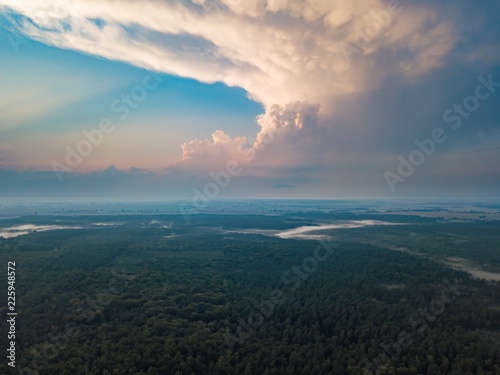 Beautiful misty evening landscape photographed from drone