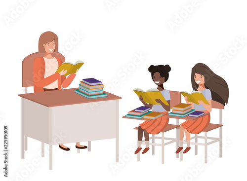 female teacher reading in the classroom with students