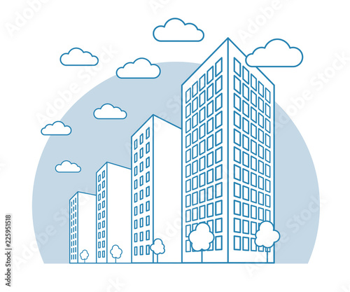 City view with high buildings, clouds, trees, landscape with street blocks, modern residential and tenement houses, linear outline style, vector concept