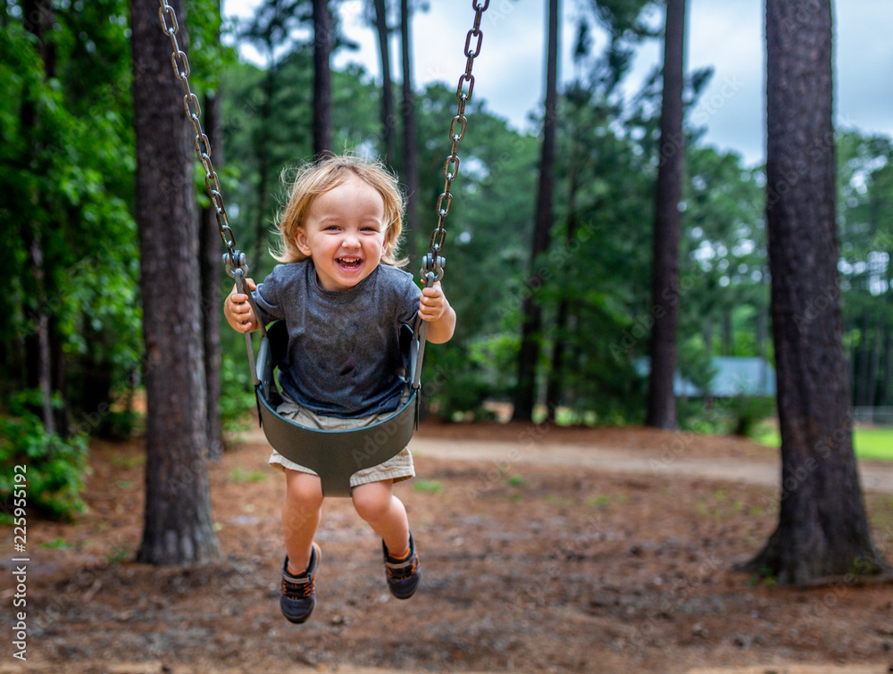 Young Boy in Swing at Park Playground