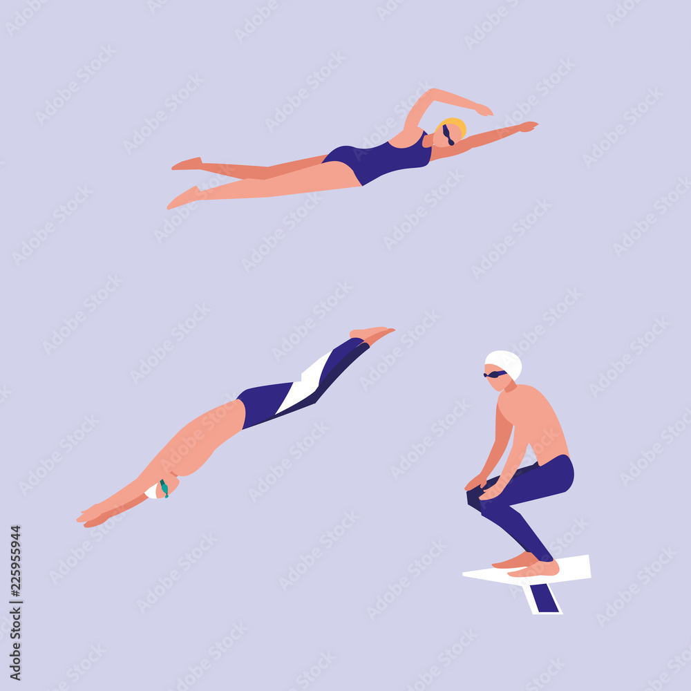 persons practicing swimming avatar character