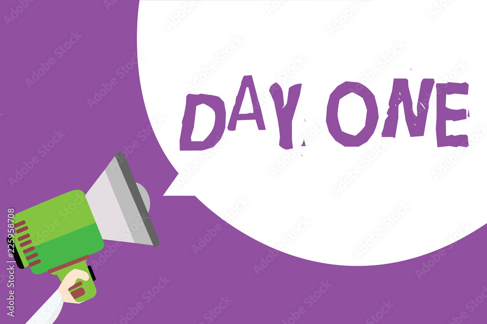 Word writing text Day One. Business concept for Start moment First step Beginning of schedule program event Man holding megaphone loudspeaker speech bubble message purple background Word writing text Day One. Business concept for Start moment First step Beginning of schedule program event Man holding megaphone loudspeaker speech bubble message purple background