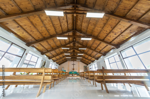 Buchupureo rural church interior in South of Chile. An amazing representation of the countryside life and a wonderful view of the architecture and colorful details with its wooden construction