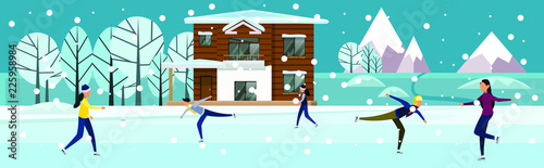 Flat picture made in blue yellow and purple. People skate on the frozen lake in the background of the house. For postcards, posters, banners, design illustration.