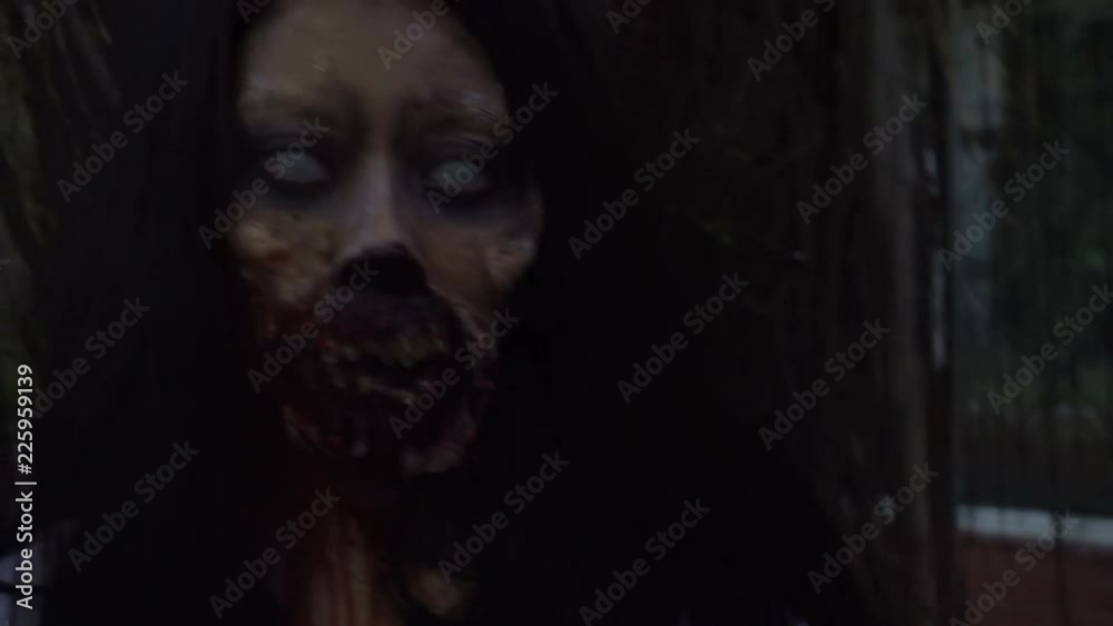Portrait of asian woman make up ghost face,Horror scene,Scary background,Halloween poster Portrait of asian woman make up ghost face,Horror scene,Scary background,Halloween poster