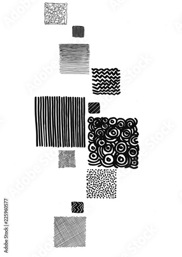 Hand drawn ink seamless patterns. Simple primitive scratchy textures with dots, stripes.