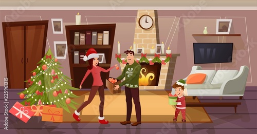 A happy family dresses up a Christmas tree but a new year and Christmas. Father and mother hang balls, and son unpacks gift. For postcards, posters, banners, design illustration
