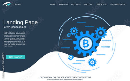 Website landing page vector template. Abstract geometric style background with cryptocurrency mining flat vector concept illustration