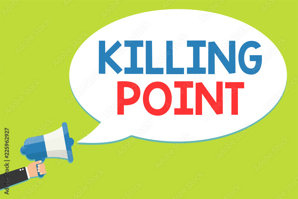 Word writing text Killing Point. Business concept for Phase End Review Stage Gate Project Evaluation No Go Man holding megaphone loudspeaker speech bubble message speaking loud Word writing text Killing Point. Business concept for Phase End Review Stage Gate Project Evaluation No Go Man holding megaphone loudspeaker speech bubble message speaking loud