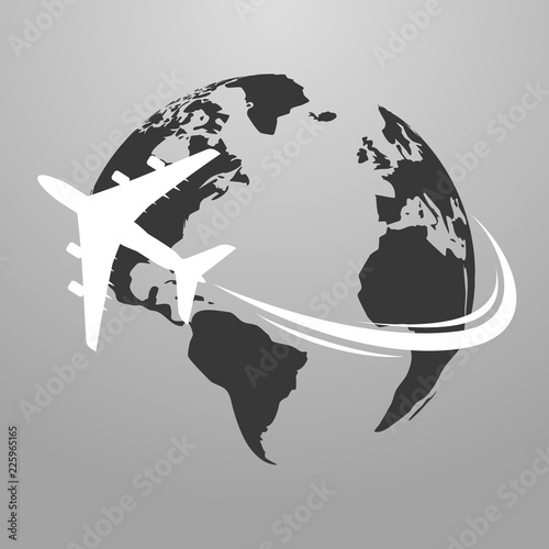 Travel icons with airplane fly around the earth