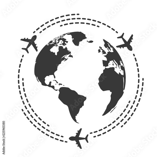 Travel icons with airplane fly around the earth