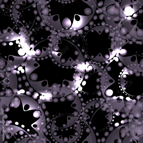 Vector abstract glowing metallic seamless pattern of soap bubbles and gears in silver decoration on a black background for fabrics or gift paper.