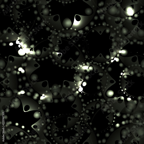 Vector abstract steel seamless pattern of soap bubbles and gears in chrome decoration on a black background for fabrics or gift paper. © grachyhamr