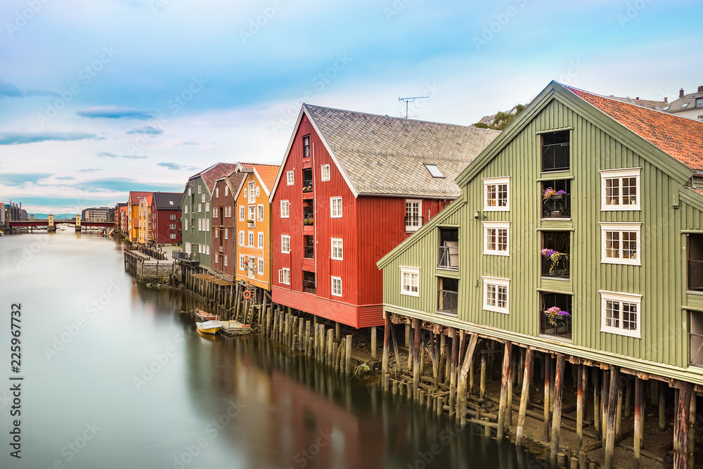 Colorful houses and  the Nidelva River, Trondheim, Norway.