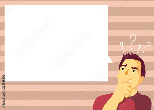 Flat design business Vector Illustration concept Empty template copy space Posters coupons promotional material. Man Expressing Confused Hand on Mouth Question Mark icon Blank Text Bubble