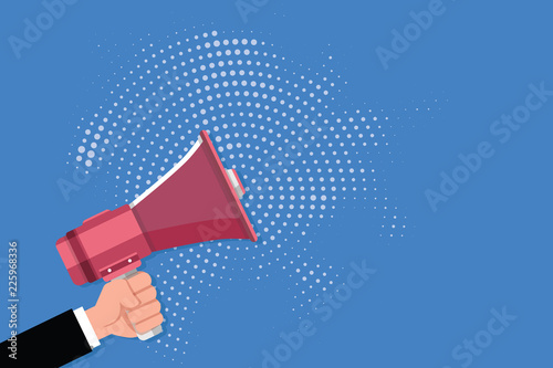 Flat design business Vector Illustration concept template copy space text for Ad website esp isolated 3d isometric. Male Human Hand Holding Gripping a Megaphone on Dotted Halftone Pattern