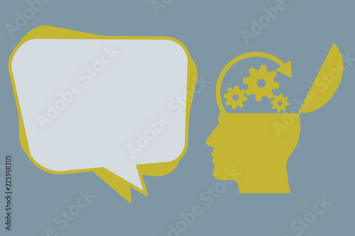 Flat design business Vector Illustration Empty copy space for Ad website promotion esp isolated Banner template. Human Head Silhouette Topside Open with Gears and Blank Halftone Bubble