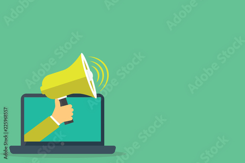 Flat design business Vector Illustration concept copy text for esp Web banners promotional material mock up template. Human Hand Coming out of PC Monitor Holding Megaphone with Volume Icon